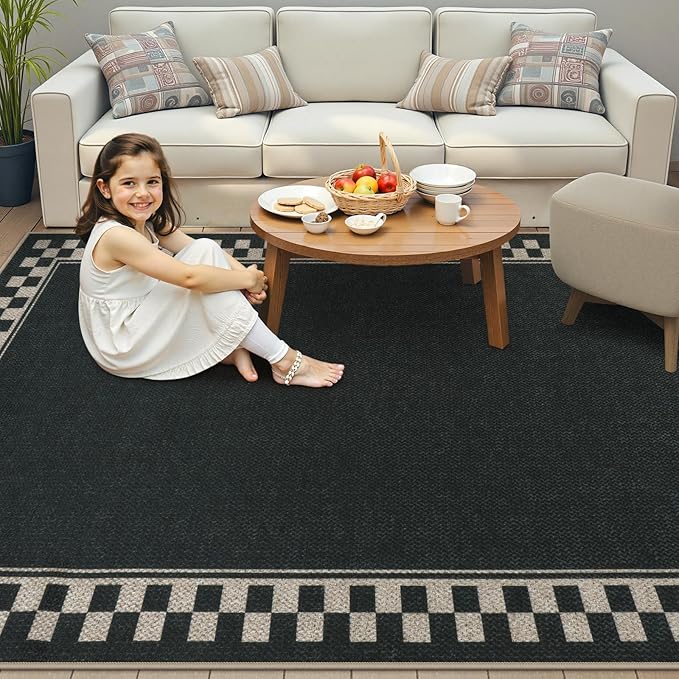 OJIA Easy Jute 5x7 Area Rugs, Washable Outdoor Patio Rug for Living Room Checkered Border Indoor Outdoor Rugs Farmhouse Non-Slip Black Carpet Geometric Rug for Backyard Entryway Dining Room