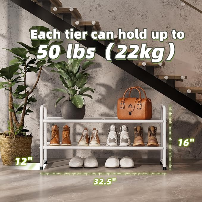 SUFAUY Shoe Rack for Closet, 33" Wide Metal Shoe Rack Organizer Heavy Duty, 2-Tier Mesh for Shoes, White