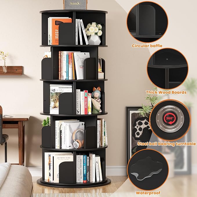 Rotating Bookshelf Tower, 5 Tier Spinning Bookcase, Revolving 360 Book Shelf Narrow Tall Bookcase, Vertical Turning Round Bookshelf Organizer, Wood Corner Book Shelf for Small Space, Black