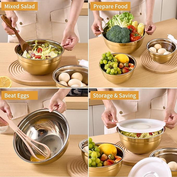 Gold Mixing Bowls With Airtight Lids,Stainless Steel Bowl,Salad Bowls 5 Piece Colorful Nesting Bowl Gold Kitchen Accessories,Size 5.5,3.6,2.7,2.1,1.5QT Stackable Design