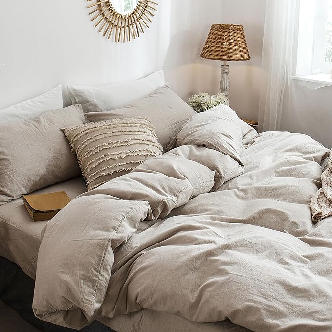 MooMee Bedding Duvet Cover Set 100% Washed Cotton Linen Like Textured Breathable Durable Soft Comfy (Heathered Tannish Linen Grey, Super King 108"x98")