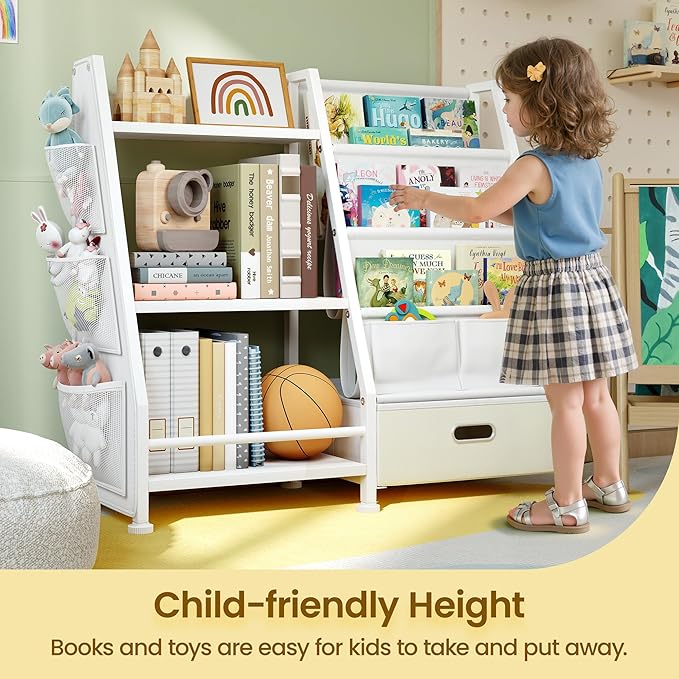 Kids Bookshelf and Toy Storage Organizer: White Book Shelf for Kids Room with Drawer to Storage Books and Toys Organizer - 3 Tire Toddler Bookshelf with 3 Side Pockets for Nursery, Bedroom, Playroom