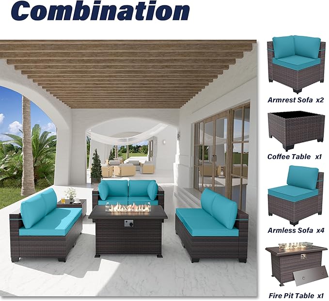 Kurapika 8 Pieces Patio Furniture Set, Rattan Wicker Outdoor Conversation Sets w/43in Propane Fire Pit Table and 4 Inch Cushion(Blue)
