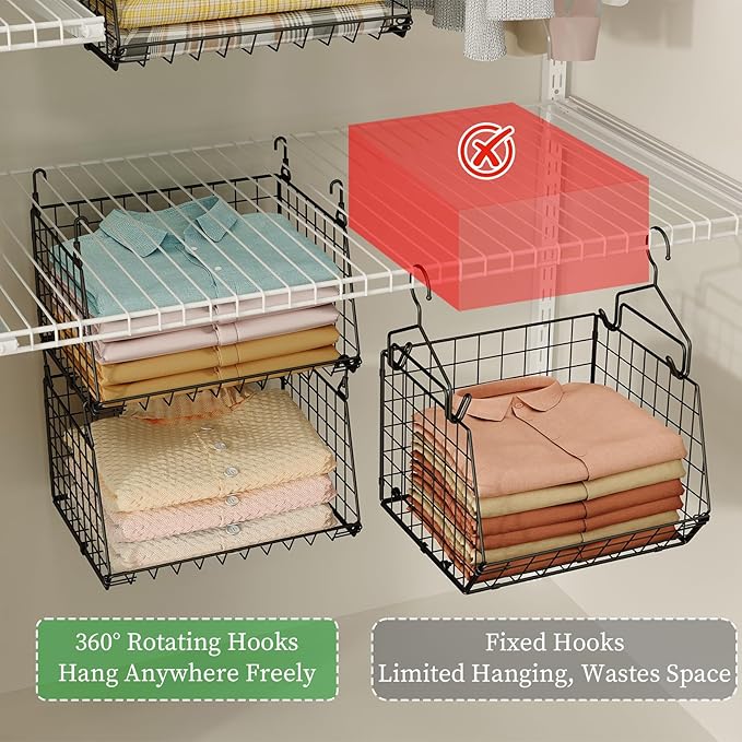 3-Tier Foldable Hanging Closet Organizer with 360° Rotating Hooks–Clothes Hanging Shelves for Small Spaces, Wire Basket Bin Storage for Closet Organizer System, Black