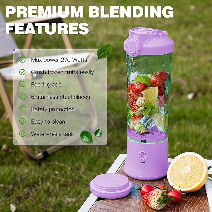 Portable Blender,270 Watt for Shakes and Smoothies Waterproof USB Rechargeable with 20 oz BPA Free a Travel Lid. (Purple, 20 oz)