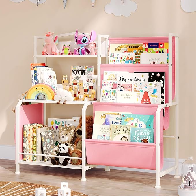 Kids Bookshelf and Toy Organizer, 3 Tier Girls Pink Bookshelf for Kids, Nursery Book Shelves, Toddler Book Shelf, Kids Book Shelf for Kid Room, White/Pink