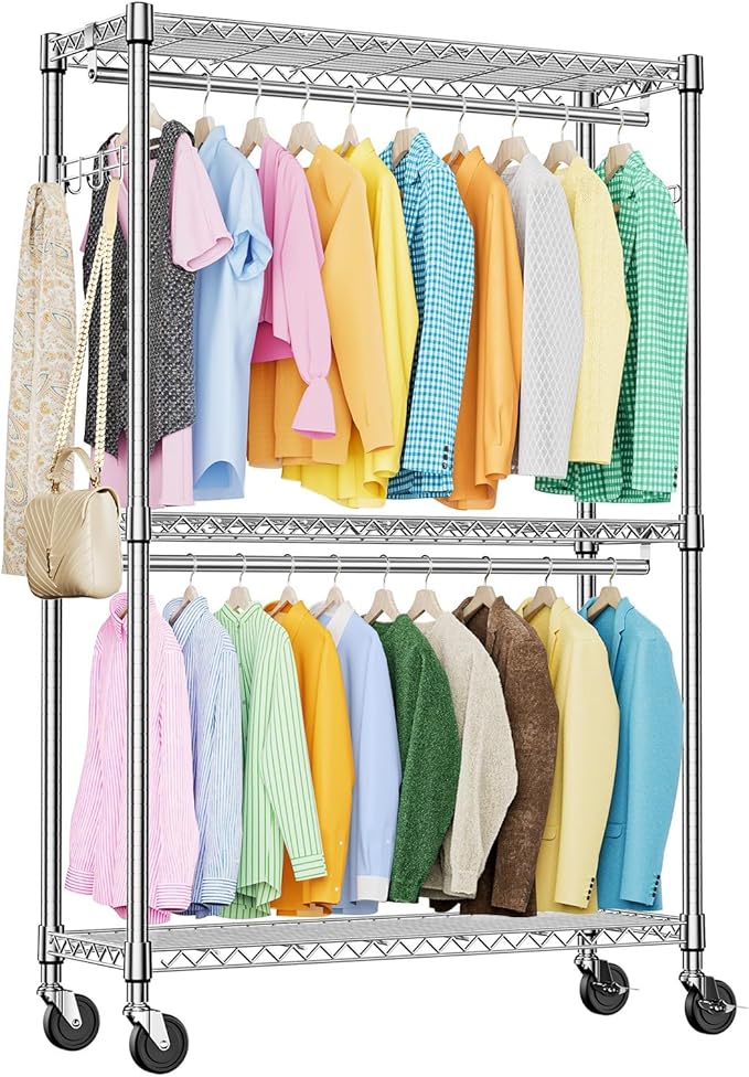 IZEUK Heavy Duty Garment Rack on Wheels, Rolling Closet Rack for Hanging Clothes with 2 Clothes Rods, 3 Tiers & Side Hooks, Freestanding Adjustable Metal Wardrobe,15.7" D x 45.3" W x 79.6" H, Chrome