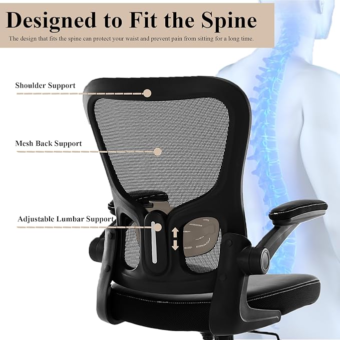 Office Chair, Mesh Ergonomic Desk Computer Chair with PU Leather Flip-up Armrest, Home Task Chair with Lumbar Support, Adjustable Executive Mid Back, Rolling Swivel,Black