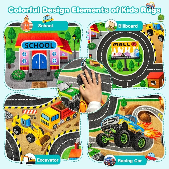 Kids Rug, 4x6 Ft Non-Slip Monster Truck Play Rug, Extra Thick (0.4in), Educational LearningTraffic Road Car Carpet for Nursery, Classroom, Playroom & Bedroom