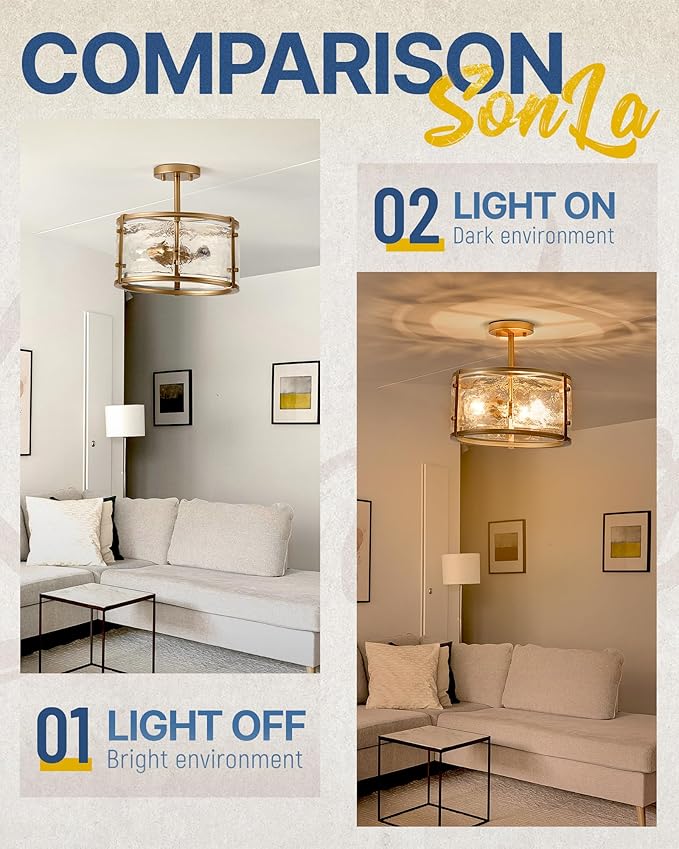 Gold Close to Ceiling Light - Semi Flush Mount Light Fixtures - 14inch Ceiling Light with Glass - E12 Brass Ceiling Light Fixture for Hallway Bedroom LivingRoom C2118-GD