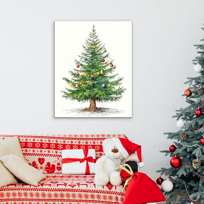 Framed Christmas Pictures Wall Decor,Vintage Pine Tree Prints,Winter Christmas Canvas Wall Art Decoration for Bedroom Bathroom Living Room Rustic Xmas Holiday Gifts (Christmas Tree 4, 16'' X 24'')