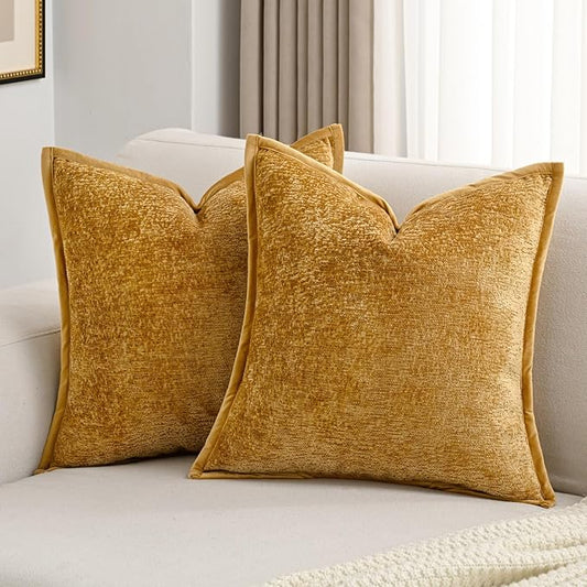 FUTEI Tobacco Chenille Throw Pillow Covers 22x22 Inch Set of 2,Soft Cozy Bound Edge Design Cushion Case,Home Decor for Couch Bed Living Room