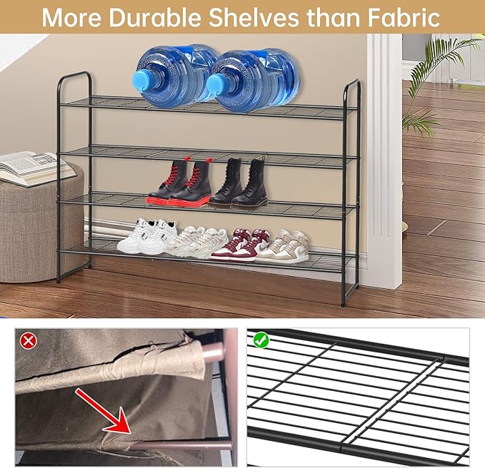 KEETDY 4-Tier Long Shoe Rack for Closet, Wide Shoe Organizer for Closet Floor Storage, Stackable Shoe Rack for Entryway Metal Shoe Shelf for 30 Pairs Men Sneakers with Wire Grid for Bedroom, Black