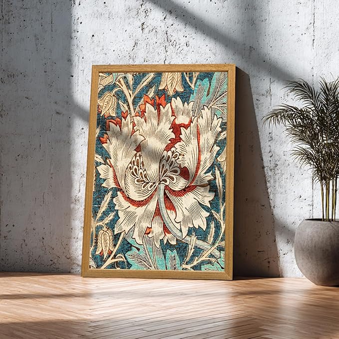 FASWQ Wood Framed William Morris Wall Art, Nouveau Vintage Botanical Wall Decor, Retro Intricate Floral Animal Canvas Painting, Retro Natural Flower Bird Poster Print for Living Room Bedroom 12"x16"x3