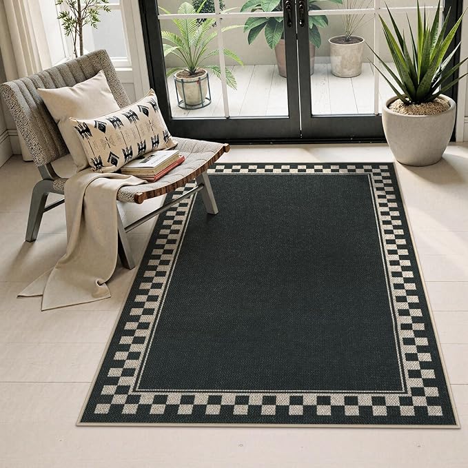 OJIA Easy Jute Outdoor Rug 3x5 Washable Rugs for Entryway, Checkered Border Black Front Door Rug Non-Slip Door Mats Indoor Outdoor Rugs Farmhouse 3x5 Area Rug for Porch Outside Patio Living Room