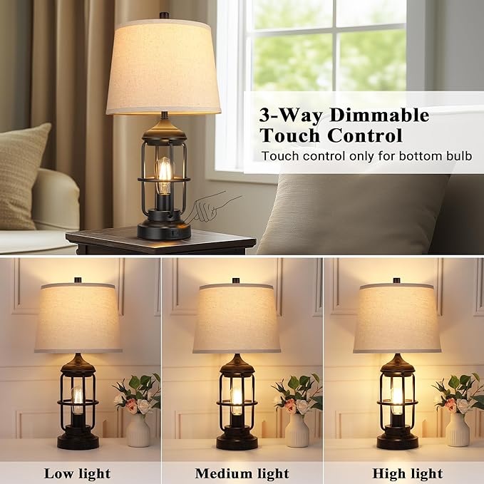Qimh Table Lamp for Bedroom Set of 2 with USB A+C Ports, Farmhouse Bedside Lamp with Night Light, 3-Way Dimmable Touch Control, Rustic Industrial Nightstand Lamp for Living Room, Bulbs Included, Black
