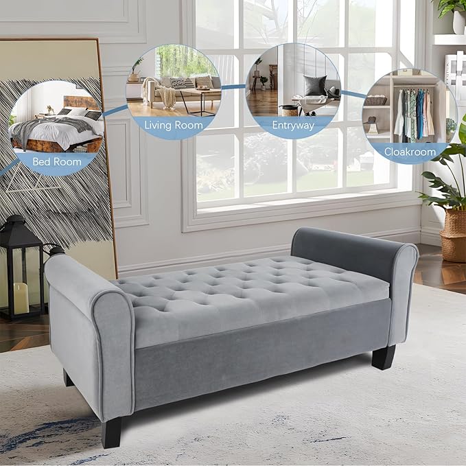 Storage Ottoman Bench with Arms, Velvet End of Bed Bench for Bedroom, Button Tufted Storage Bench for Entryway, Living Room,Hallway, Large Storage Bench Foot Rest (Dark Grey)