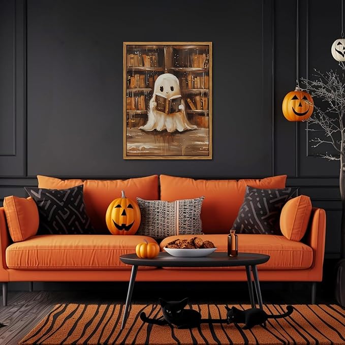Vintage Framed Ghost Reading Books Canvas Wall Art for Home Office - Halloween Academia Cute Ghost Picture Paintings Prints, Halloween Room Aesthetic Decor for Living Room Bedroom 12x16 inch