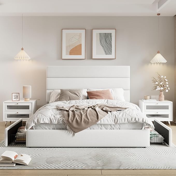 Allewie Modern Queen Size Platform Bed Frame with 4 Storage Drawers and Velvet Upholstered Headboard, Wooden Slats Support, Upholstered Mattress Foundation/No Box Spring Needed/Easy Assembly, White