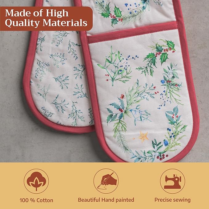 Maison d' Hermine Double Oven Mitt (7" x 35") 100% Cotton Heat Resistant BBQ Cooking Gloves with Loop for Thanksgiving Christmas Decorations Baking Cooking Barbeque Handling Hot Pan (Holly Time)