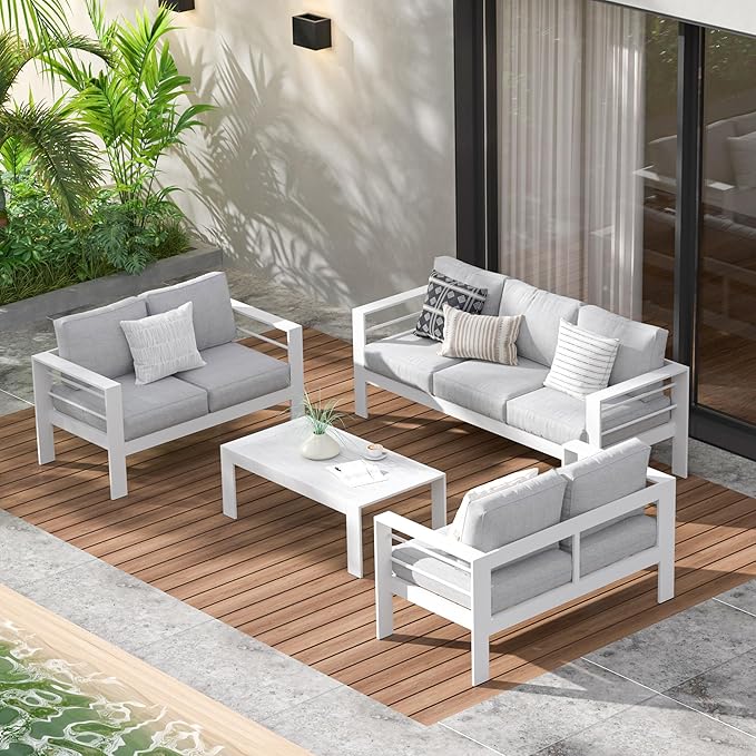 Wisteria Lane Aluminum Outdoor Patio Furniture Set, Modern Patio Conversation Sets, Outdoor Sectional Metal Sofa with 5 Inch Cushion and Coffee Table for Balcony, Garden, Light Grey