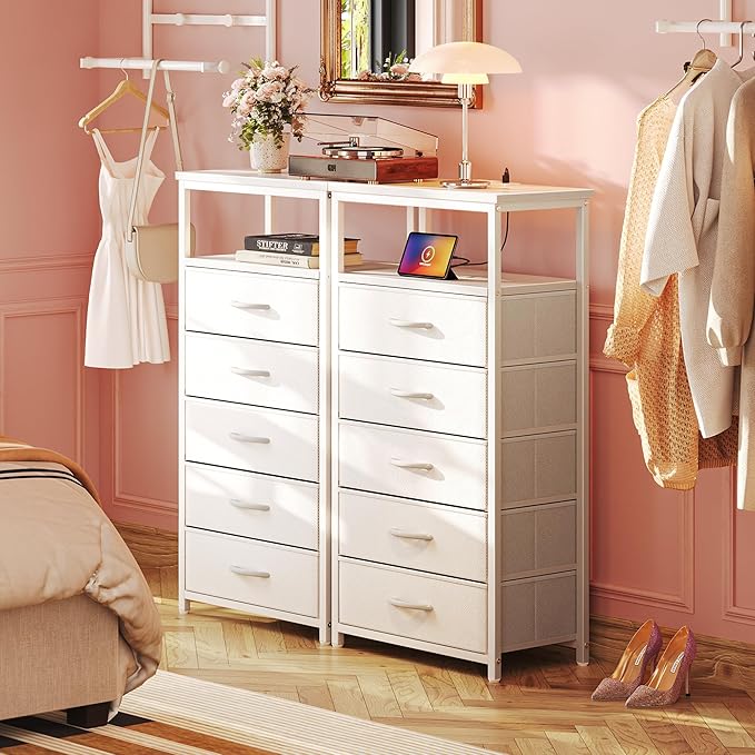 Huuger White Dresser with 5 Drawers & Charging Station, Tall Dresser for Bedroom, Tall Night Stand with PU Leather Finish, Open Shelf, Nightstand for Bedroom, Closet, Hallway, Entryway