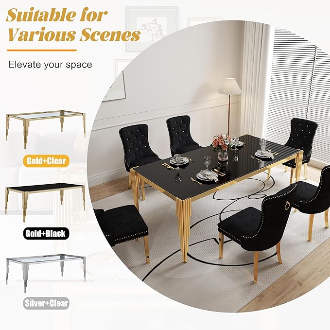 7 Piece Glass Dining Table Set, 78" Large Rectangle Tempered Glass Kitchen Table with 6 Black Velvet Upholstered Chairs, Dining Chairs Set of 6 for Kitchen, Living Room (Black, Gold)