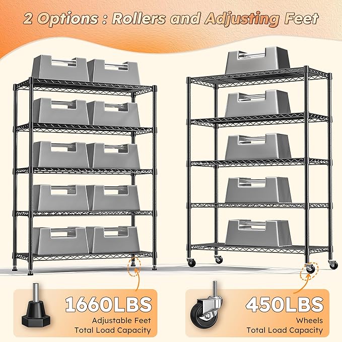 REIBII 73''H Storage Shelves 1660LBS Wire Shelving Unit with Wheels 5 Tier Metal Shelving,Heavy Duty Metal Shelves for Storage Rack,73''HX35''WX15''D