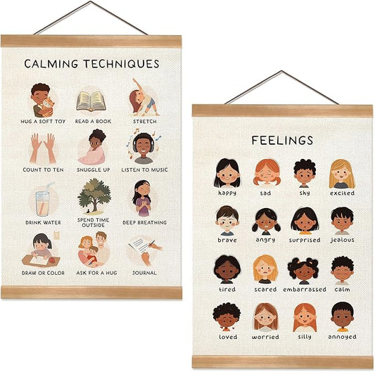 Feelings Chart & Emotional Learning Poster, Hanging Linen Canvas Wall Art with Solid Wood Frame, Montessori Social Skills Poster for Kids, Home & Classroom Decor – 2Piece Set 12x16 Inches (Feelings)