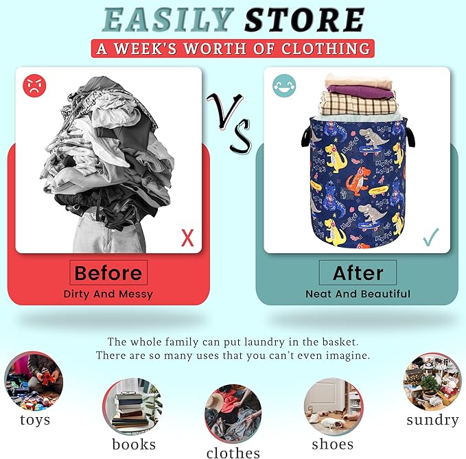 Funny Dinosaur Laundry Basket Foldable Oxford Cloth Colorful Laundry Hamper With Handle Portable Clothes Storage Basket 18.9 X 16.5 Inch Storage Bag For Laundry Room/Bathroom/Bedroom