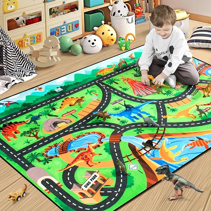 Kids Rug, Car Carpet for Kids' Toy Cars, 5x7 Ft Dinosaur Rug, Dino Safari Road Mat for Playroom, Educational Learning & Game Area Baby Play Mat Carpet for Children