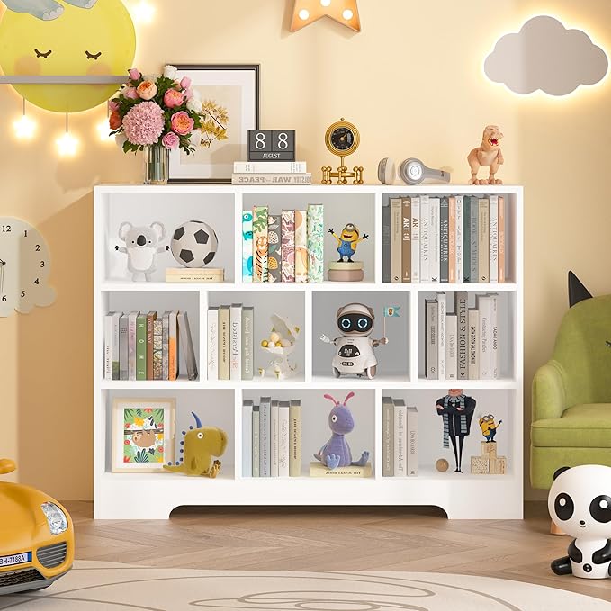 Book Shelf for Kids, 10 Cubes Storage Organizer Montessori Bookshelf, 3-Tier Wooden Kids Bookcase, Toy Storage Organizer for Children, white Toddler Bookshelf Cube Shelf for Kid’s Room, Classroom