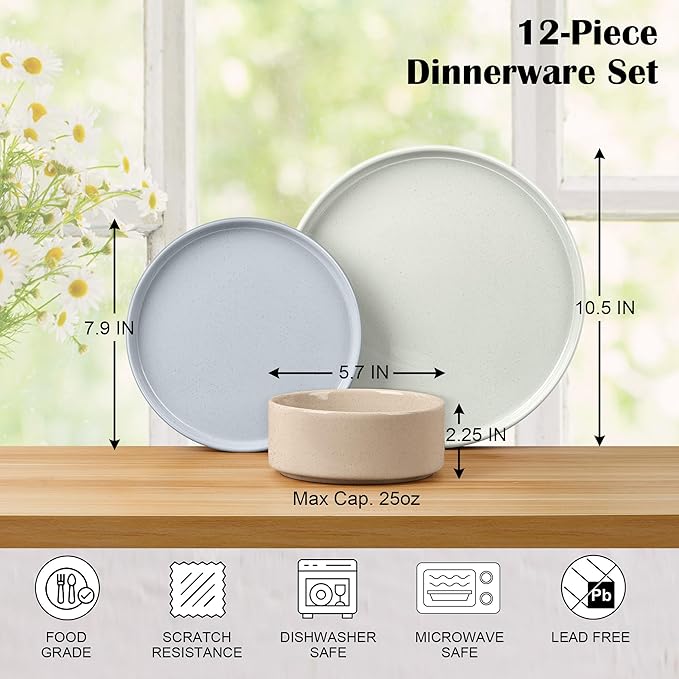 E-far Stoneware Dinnerware Sets, 12-Piece Plates and Bowls Dish Set for 4, Kitchen Modern Dinning Ware, Chip and Scratch Resistant, Microwave & Dishwasher Safe, Speckled Multicolor