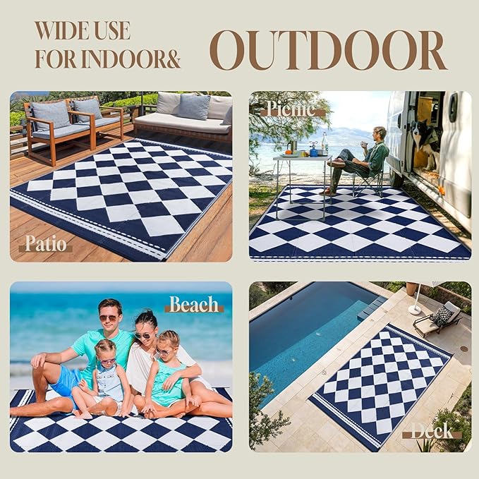OMERAI Reversible Waterproof Outdoor Rug for Backyard,Plastic Textured Resistant Outdoors Rugs,Portable Washable Easy Cleaning Foldable Camping Beach Carpet for Patio Courtyard, 8'x10' Blue & White