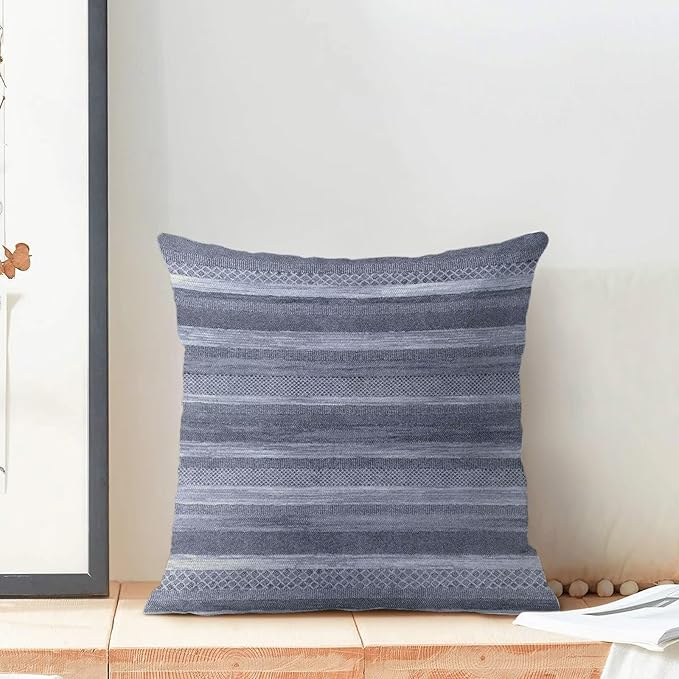 Boho Blue Stripe Throw Pillow Covers 18x18 Inch Set of 2, Rustic Abstract Decorative Throw Pillow Covers Retro Stripe Neutral Outdoor Cushion Cover for Sofa Couch Farmhouse Room Bed Decor