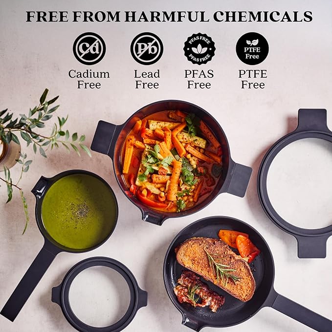 Alva Neat 5-Piece Nesting Cookware Set – Stackable Nonstick Pots & Pans with Universal Lids, Space-Saving Design for Apartments, RVs & Compact Storage - Save 50% Cabinet Space