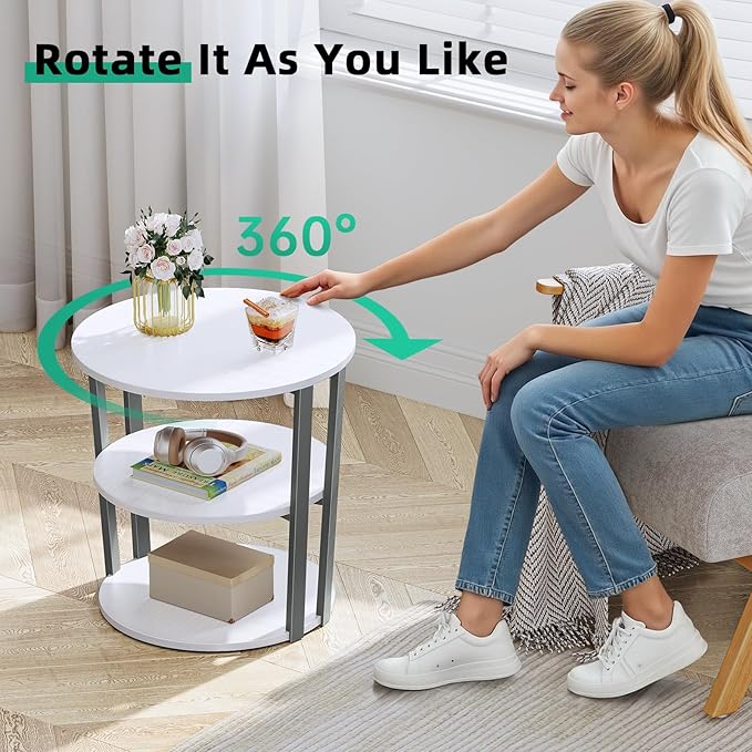 Rotating Round Side Table, 3-Tier End Table with Metal Frame, Nightstand for Small Spaces, Side Table Living Room Bedroom Sofa Bathroom, Gray-White