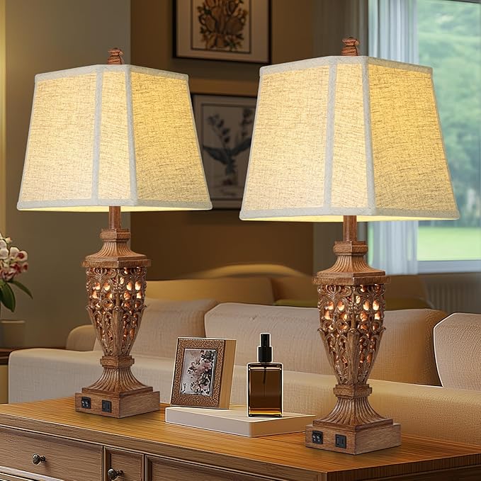 28.5" Vintage Brown Table Lamps Set of 2 With Night Light,Lamps for Living Room With Beige Linen Cut Corner Shade,Nightstands Lamp with USB A+C Port for Bedrooms,Bedside,Office,Hotel(Bulb Included)