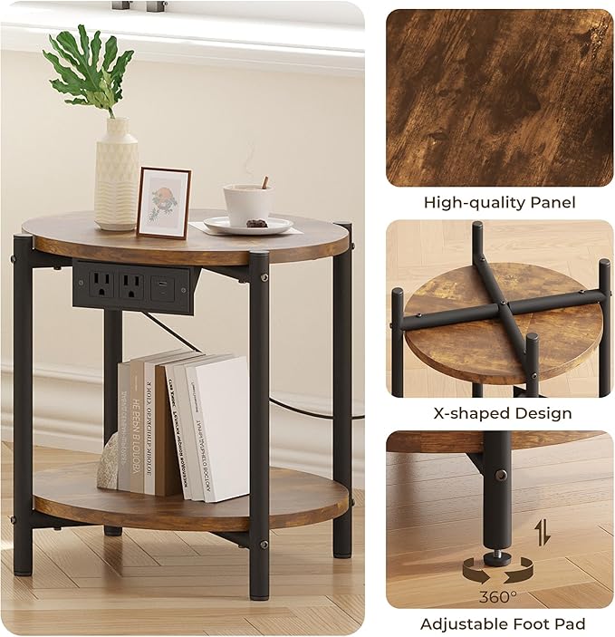 LIKIMIO Small Round End Tables Set of 2 with Charging Station, 2-Tier Wooden Side Tables, 15.8" W Modern Nightstands for Small Spaces, Living Room, Bedroom, Rustic Brown
