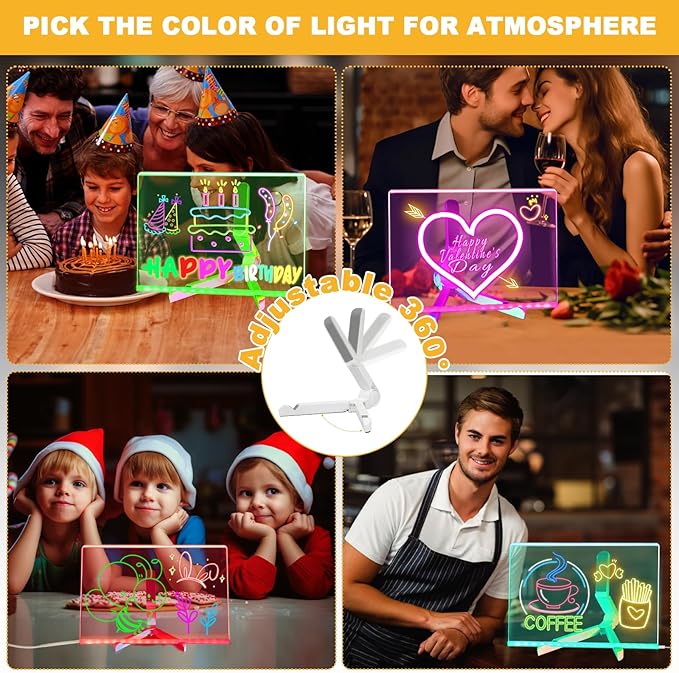LED Acrylic Message Board, Light Up Acrylic Dry Erase Board with 7-Color Light, LED Note Board with Colors for Kids, Glow Memo Message Writing Board with Light, Drawing Stencils Set Included