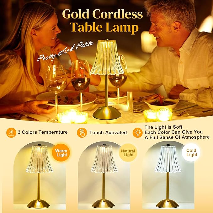 Cordless Table Lamps for Bedroom,Gold Cordless Battery Operated Table Lamp Rechargeable Decorative Bedside Dimmable Nightstand Lamp Small Touch Crystal Table Lamp,3 Color LED Lamp 2600mAh (Vintage)