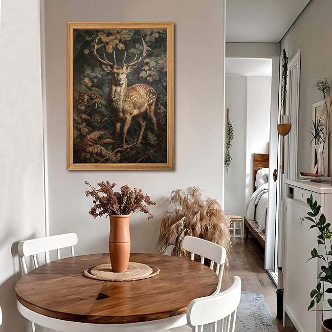 Framed 3D Textured Vintage Wall Art - Dark Academia Decor Sika Deer Hand Drawn Sandstone Paintings with Botanical Florals, Aesthetic Wall Decor for Living Room Bedroom Home 24x36 inch