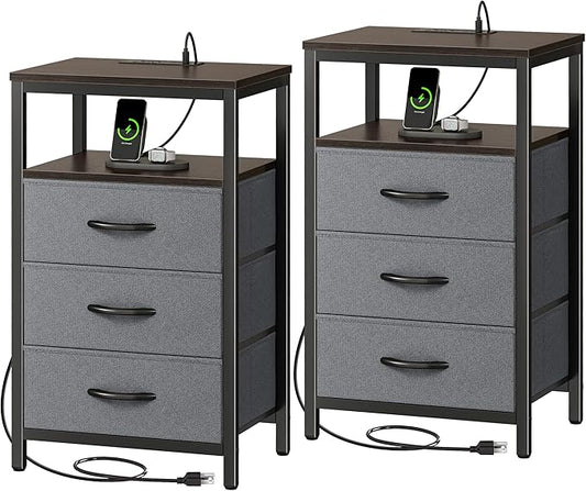 Huuger Nightstands Set of 2, 27.6 Inch End Tables with Charging Station, Fabric Drawers, Bedside Tables with USB Port and Outlet, Night Stands for Bedroom, Walnut