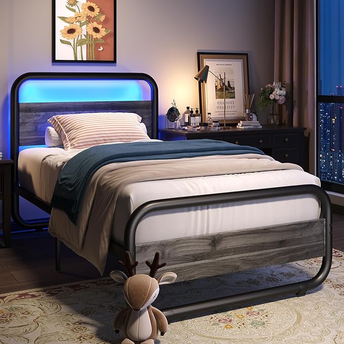 Catrimown Twin Size Bed Frame with LED Light and Wood Headboard, Heavy Duty Metal Rustic Platform Bed Frame with Under Bed Storage, Noise Free, No Box Spring Needed, Wash Gray