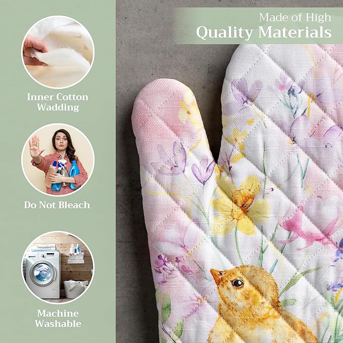 Maison d' Hermine Oven Gloves 100% Cotton Oven Mitt 7" x 13" with Loop Heat Resistant, BBQ, Cooking Gloves, Baking, Grilling, Kitchen, Handling Hot Pans Spring/Summer (Pack of 1, Easter Zest)