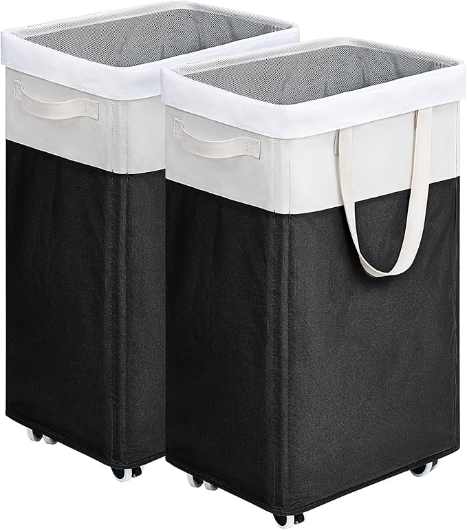 Goodpick Hamper with Wheels 75L 2-Pack, Tall Laundry Basket with Removable Wash Bags, Rolling Black Laundry Hamper for Corner Dorm, Large Collapsible Laundry Baskets