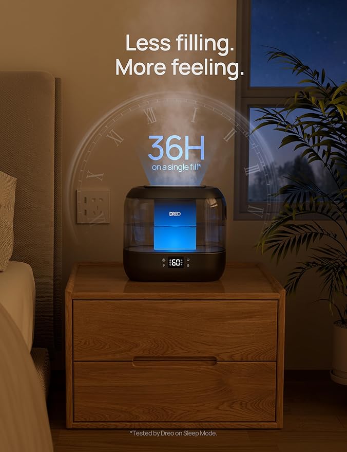 Dreo Smart Humidifiers for Bedroom, Top Fill 4L Supersized Cool Mist Humidifier with Nightlight, 36H Runtime, Touch/APP/Voice Control, 28 dB Quiet Ultrasonic Humidifiers for Large Room, Baby, Plants
