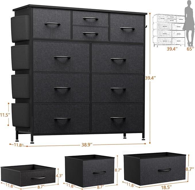 10 Drawer Dresser, Chest of Drawers for Bedroom, Fabric Dresser Drawers with Side Pockets, Hooks, Wooden Top and Sturdy Metal Frame for Living Room, Closet, Hallway, Nursery (Grey)