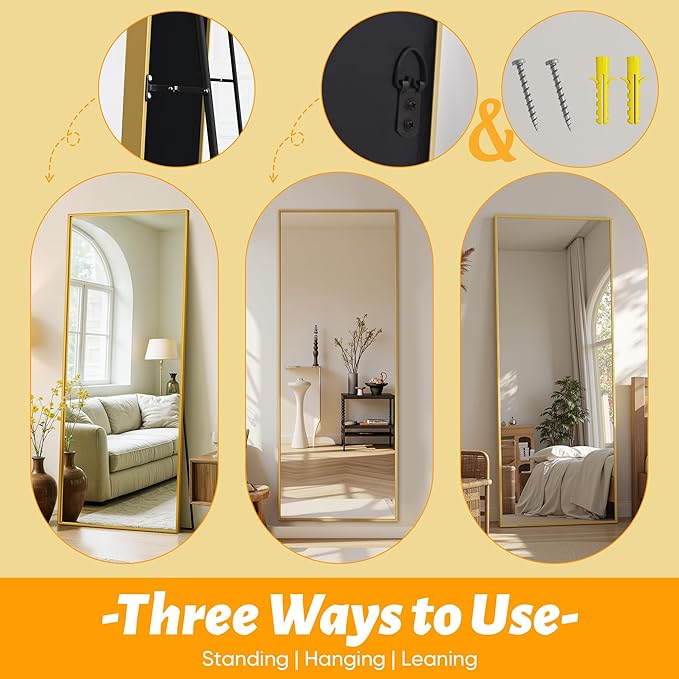 Antok Mirror Full Length, 61"x18" Big Floor Mirror, Oversized Full Body Mirrors with Stand for Bedroom, Living Room Cloakroom, Gold, Rect Corner Style