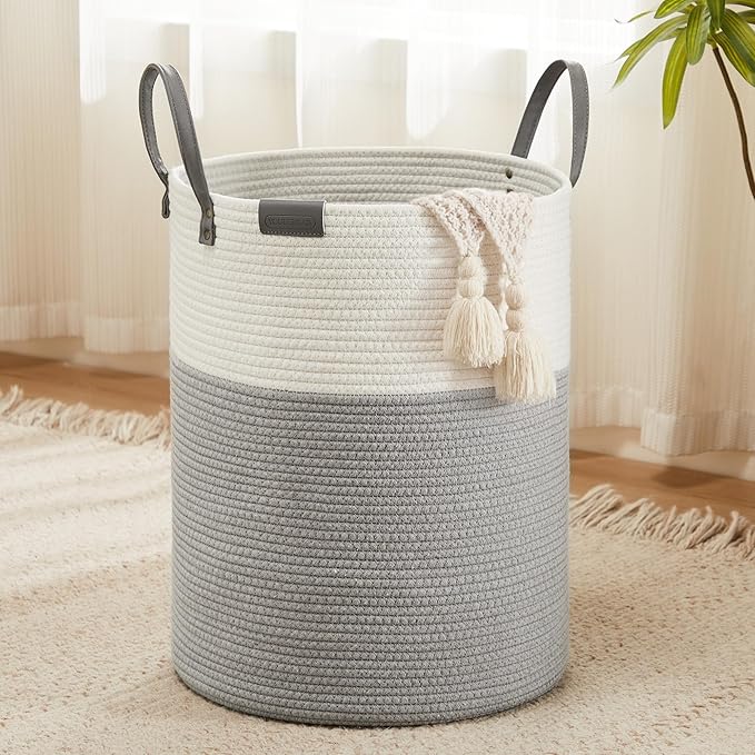 Cotton Rope Laundry Hamper by YOUDENOVA, 58L - Woven Collapsible Laundry Basket - Clothes Storage Basket for Blankets, Laundry Room Organizing, Bedroom Storage, Clothes Hamper – White & Grey